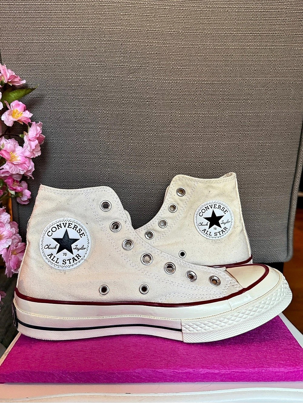 Converse Chuck 70 High Top Parchment Sneakers Cream & Red